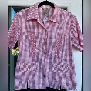 Pink Gingham Embroidered Button-Up Shirt